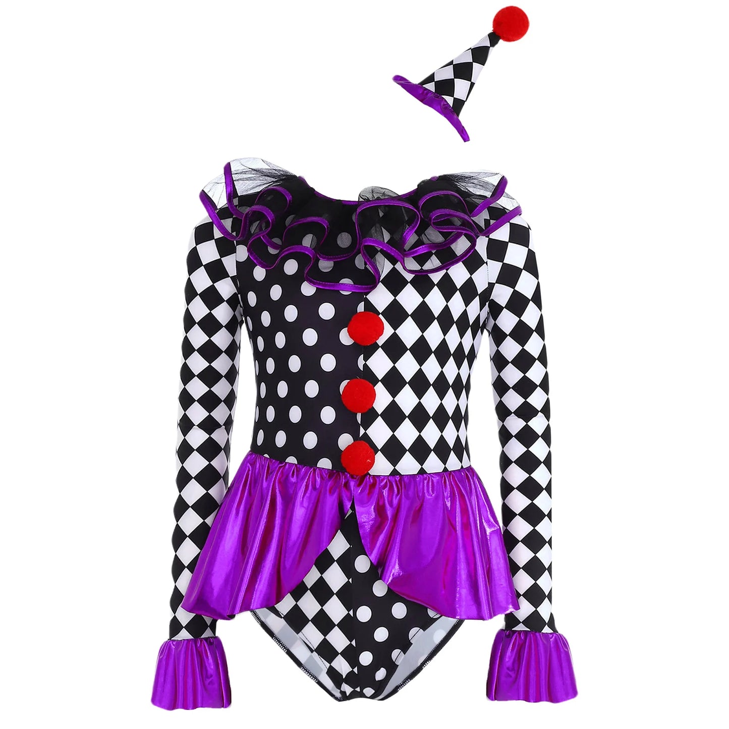 Kids Girls Halloween Circus Clown Costume Theme Performance Sleeve Checkerboard Print - Purple / 6