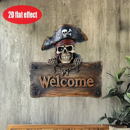 2D Flat 1pc Pirate Skull Welcome Sign Rustic Wooden Door Decoration with Pirate Skull and Crossbones Halloween Party Decoration