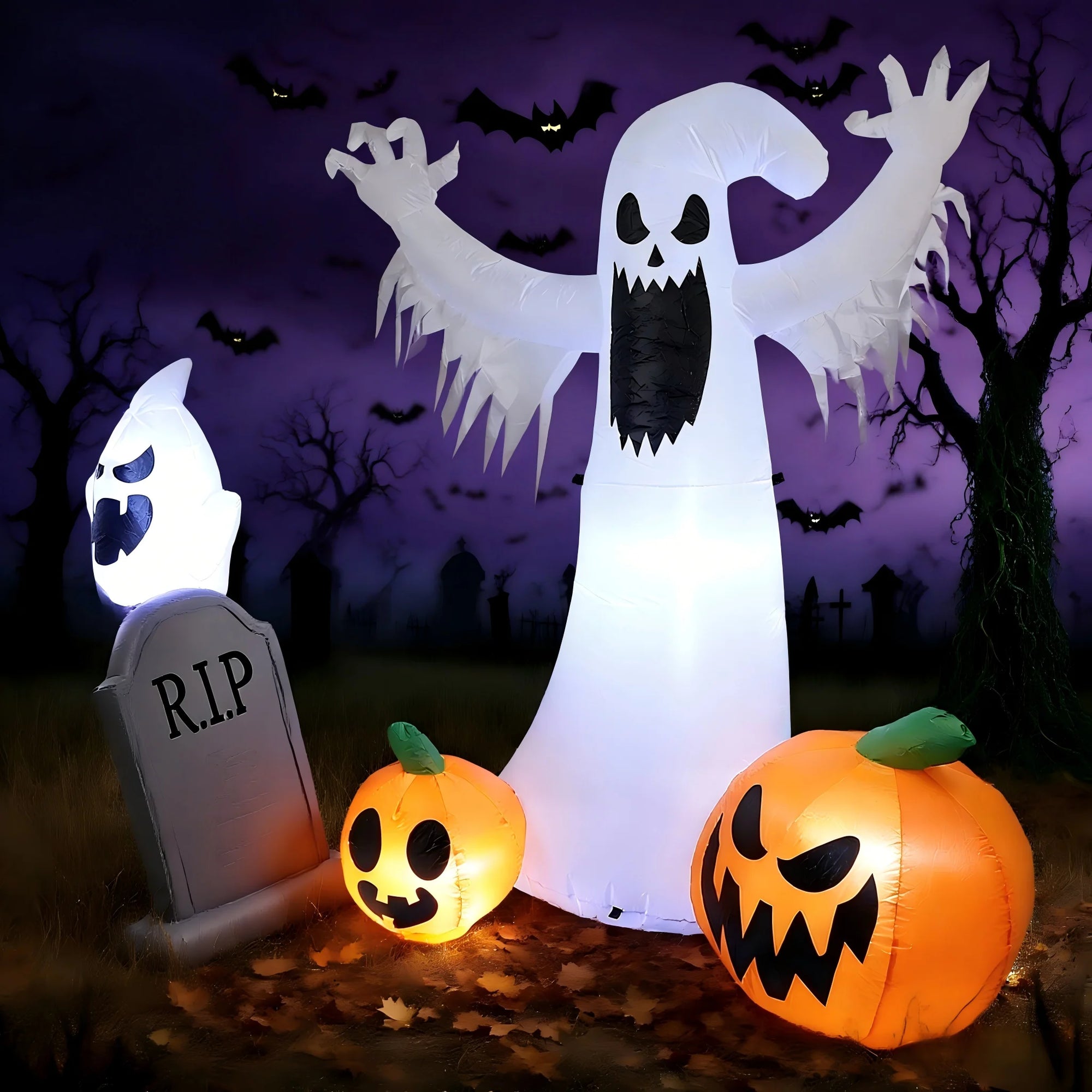 Inflatable 3 Pumpkins with 2 White Ghosts Blow Up Halloween Decoration for Inside Outside Yard Garden Party - product image 3