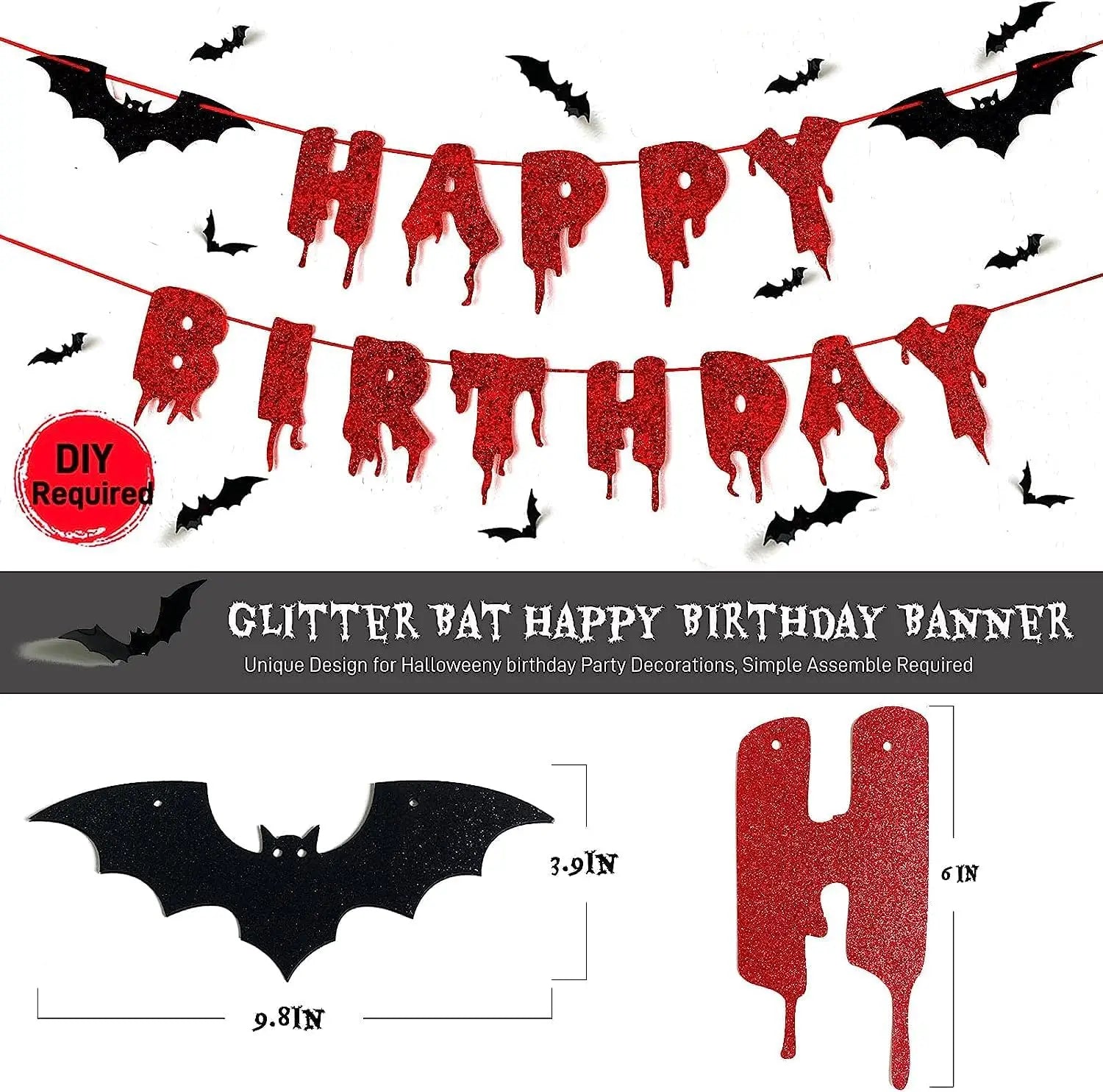 Red Shiny Happy Birthday Halloween Banner, Black Foil Curtain Backdrop, 3D - product image 2