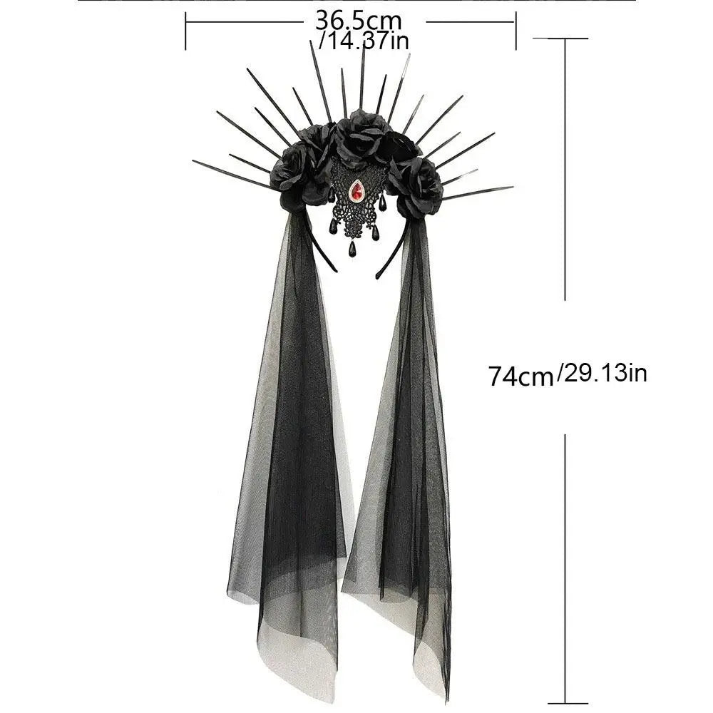 Headdress Mesh Halloween Headband Rhinestone Gothic Veil Headband Black Rose - product image 6
