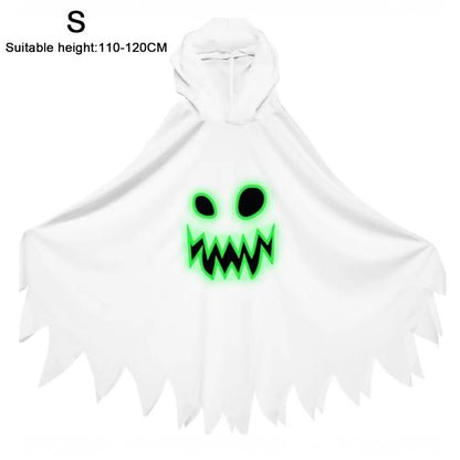 White Black Halloween Costume Ghost Face Design Cape Shawl Luminous Cloak Glow in the Dark - View 9
