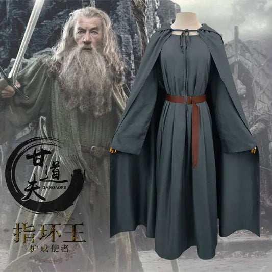 Adult Wizard Robe Men Sorcerer Costume Grey Cloak with Wizard Hat Cape the Hobbit Gandalf - gray / XS