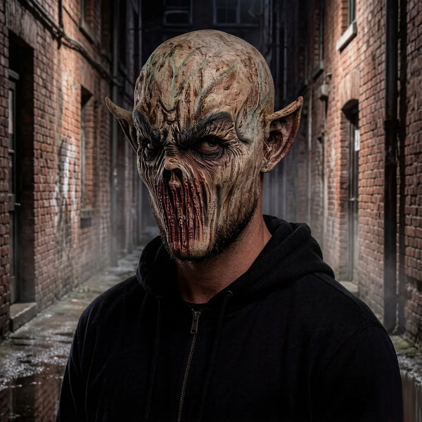 Creepy Alien Demon Full Head Latex Mask with Pointed Elf Ears Bloody Tentacle Mouth Horror Cosplay Maskfor