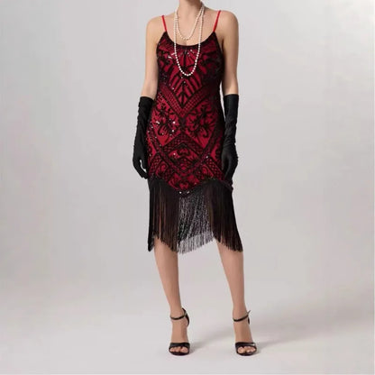 1920 Vintage Red Sequins Dress Women's Spaghetti Strap Tassel Dress Elegant Party Evening Dress Great Gatsby Flapper Costume
