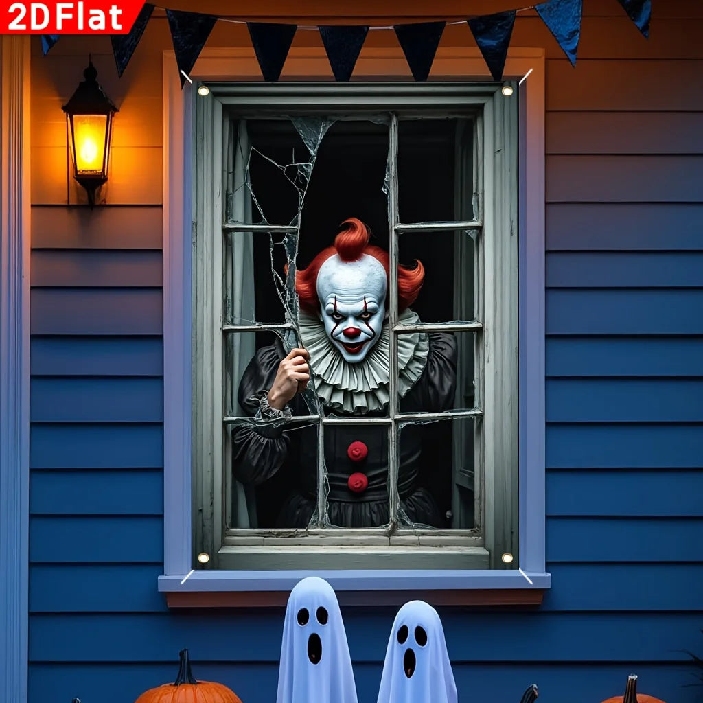 2D flat, 1 Halloween clown through a broken window banner - polyester haunted - product image 4