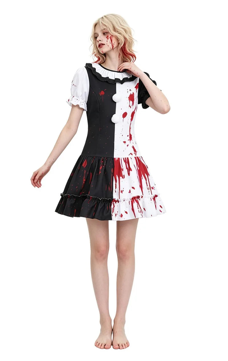 Halloween Clown Costume Women Adult Blood Stained Dress Masquerade Party Horror Bloody Clown Cos Short Skirt Performance Costume