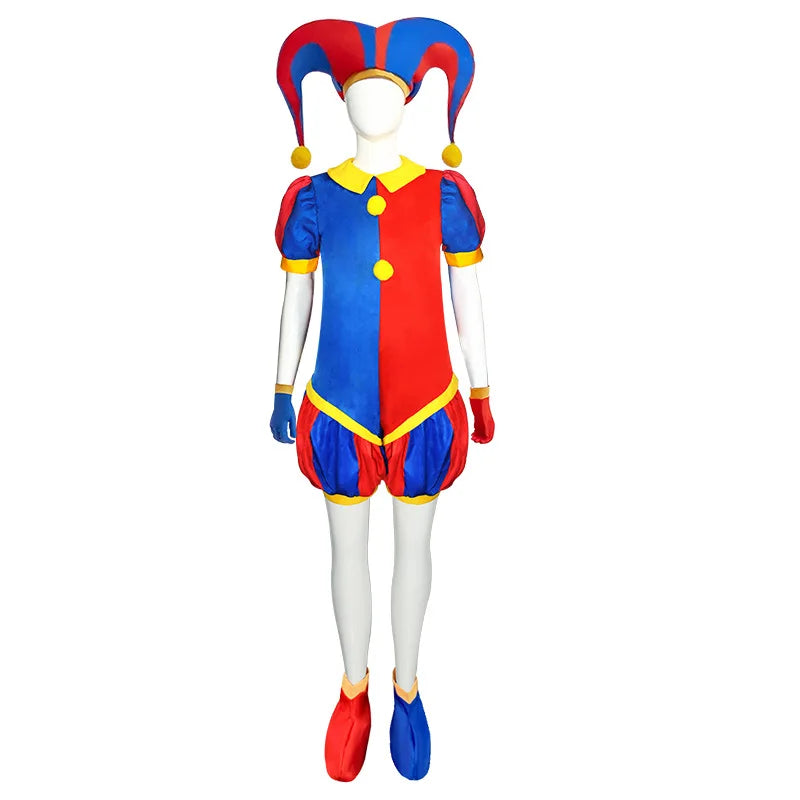 Adult Women Clown Costume Hat Disguise Blue Red Jumpsuit Jester Halloween Fancy Dress Up - hat / XL