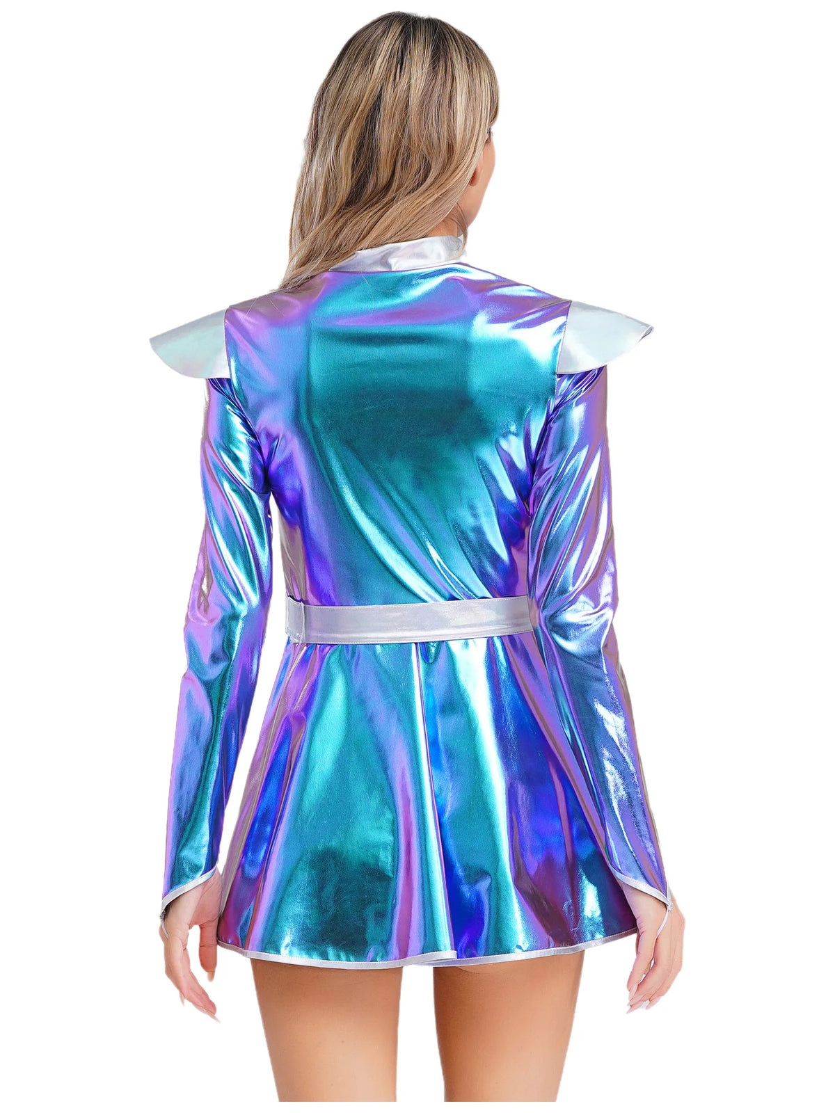 Woman's Outerspace Astronaut Alien Robot Cosplay Costume Metallic Long Sleeve Zip Up A Line Dance Dress for Theme Club Party