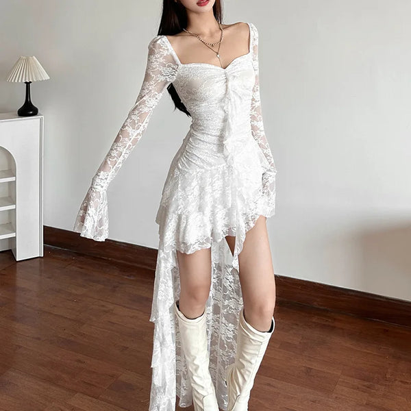 Halloween Carnival Gothic Dress Women Vintage Aesthetic Elegant Sweet Sexy See Through Irregular Hem High - product image 1