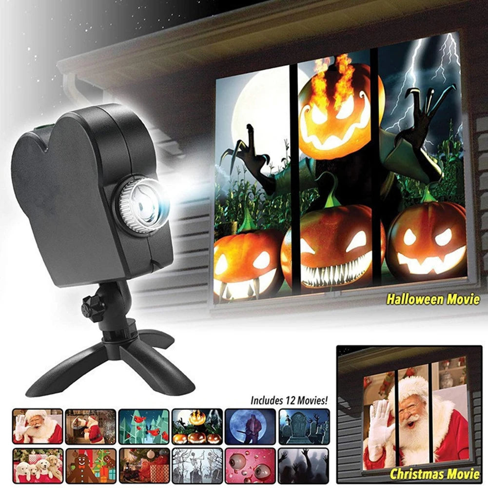 Halloween Christmas Projector Outdoor Holiday Led Holographic Projection Lamp Waterproof 12 Movies SpookyParty