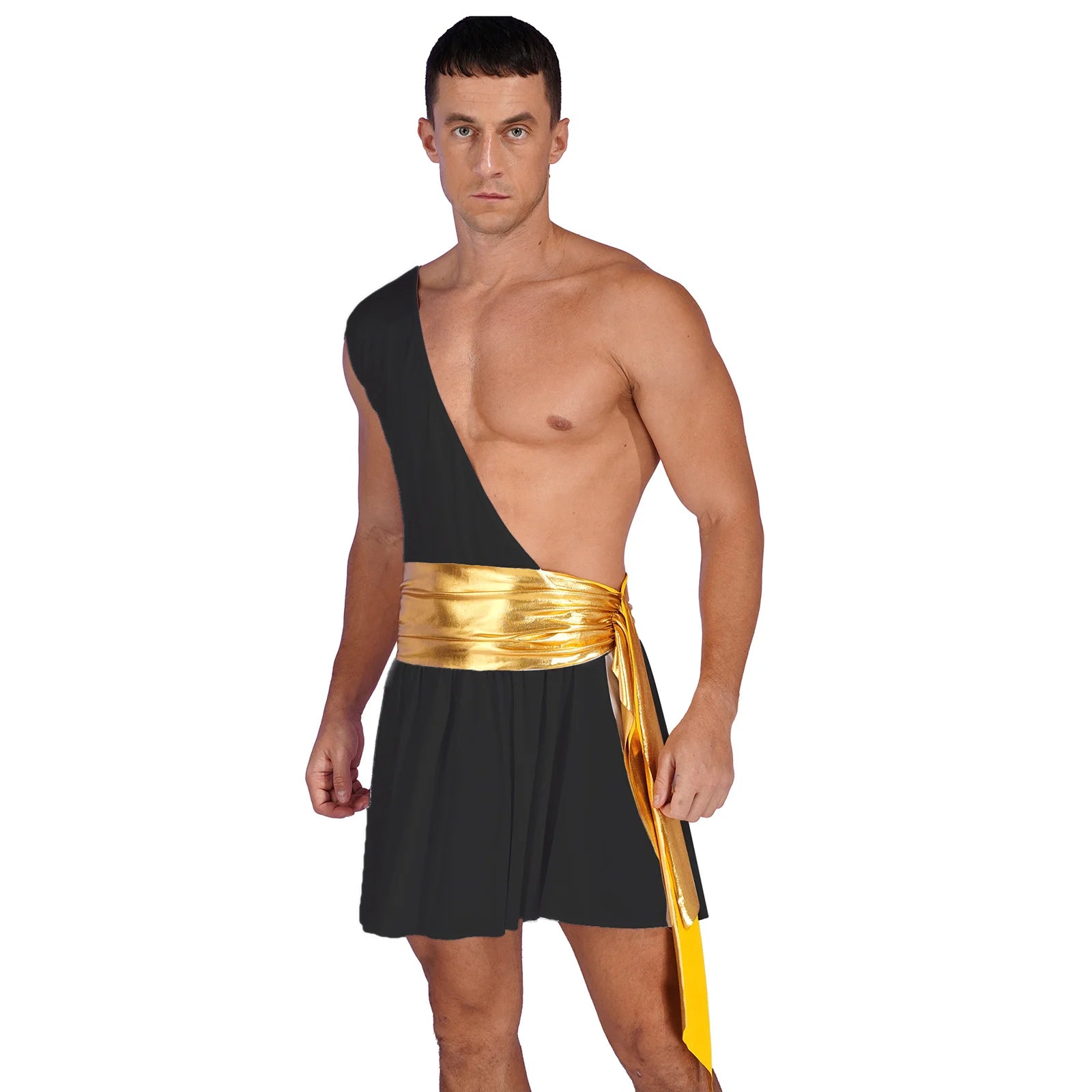 Men's Ancient Greek God Halloween Costume One Shoulder Strap Skirts Knight Warrior - Black A / L