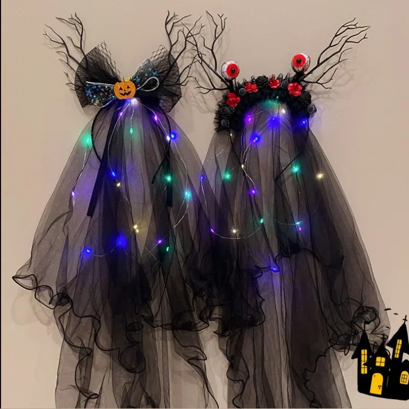 Light Up Black Halloween Veil Headband Women Girl Day of The Dead Butterfly - product image 2