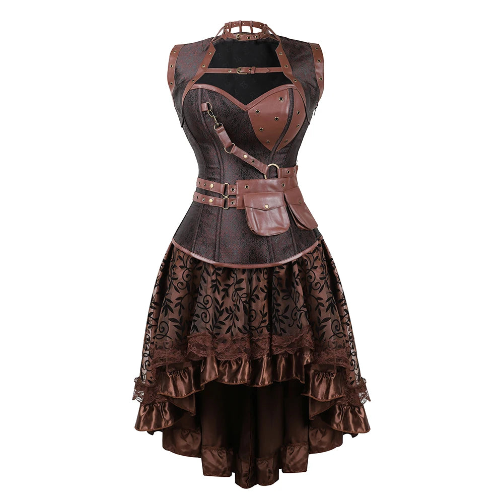 Steampunk Corset Dress Brown Pirate Costume Woman Skirt Plus Size Gothic Underbust