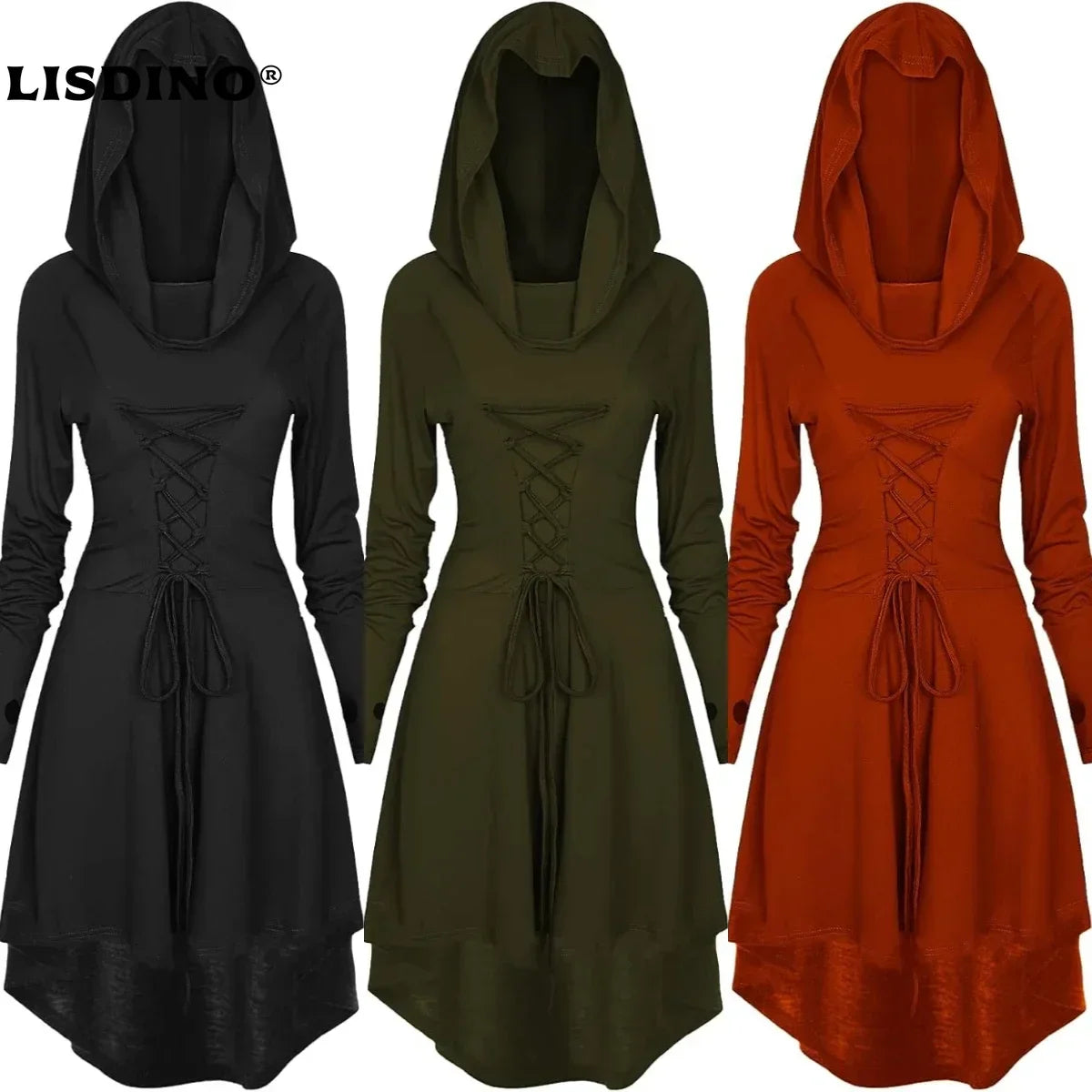Women's Medieval Renaissance Vintage Hooded High Low Pullover Halloween Costume - black / XL