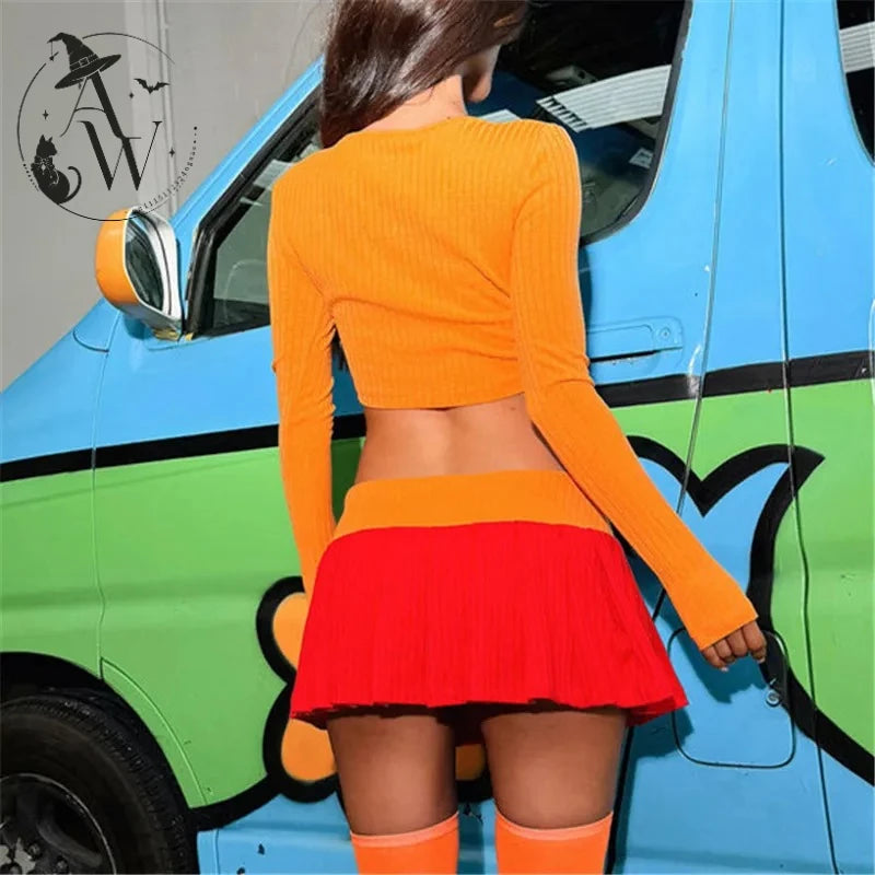 Halloween Orange Mystery Detective Costume For Women Orange Long Sleeve Crop Top And