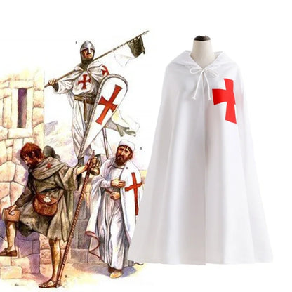 Medieval Crusader Costume Templar Cape Cloak with Hood Men's Renaissance Robe Knight Larp - WHITE / L
