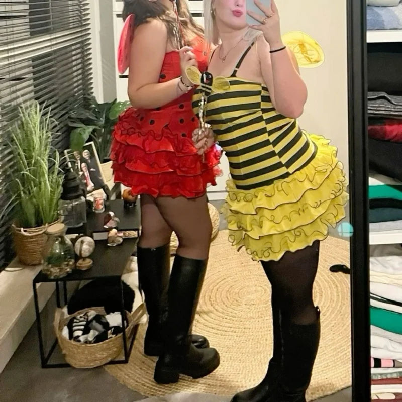 Women Ladybug Costume Dress up Beetle Wings Bee Fairy Role Play Costume Outfit Dress