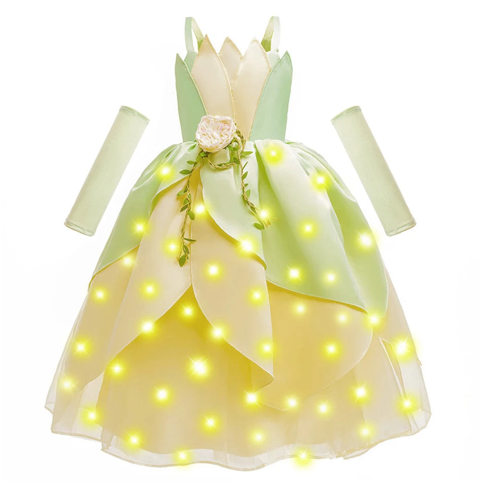 Girls Tiana-Inspired Princess Dress – Floral & Light-Up Costume Options