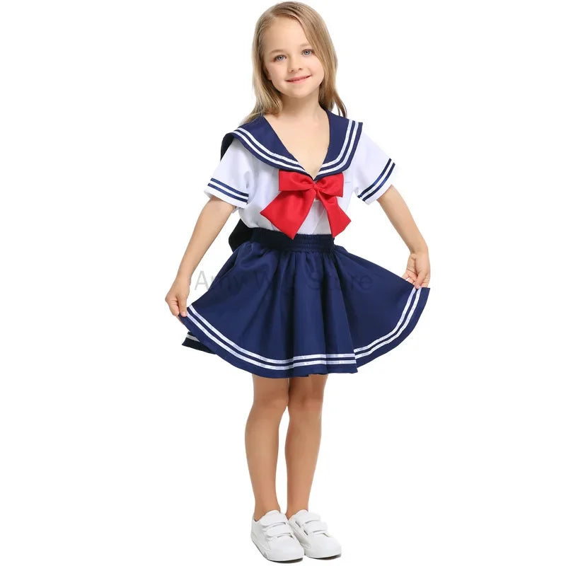 Halloween Kids Sailor Costume Dress Anime Japanese School Uniform Shirt Skirt Bow Tie - PS9113girl / 105-115