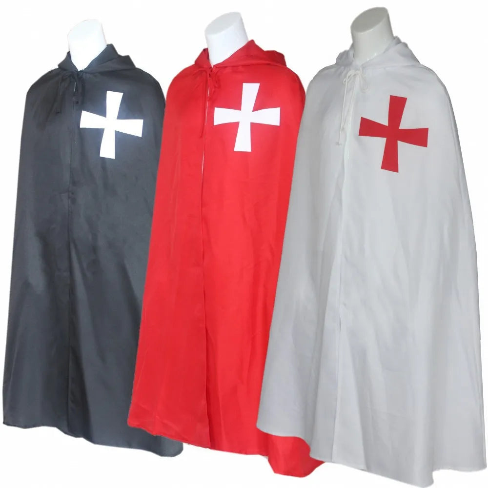 Medieval Crusader Costume Templar Cape Cloak with Hood Men's Renaissance Robe Knight Larp