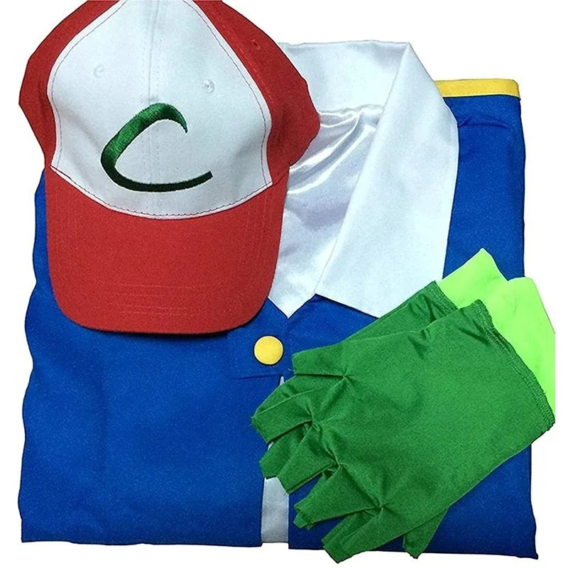 Halloween Costume Anime Ash Ketchum Trainer Blue Jacket Cap Gloves Sets Theme Outfits - Set / 140cm