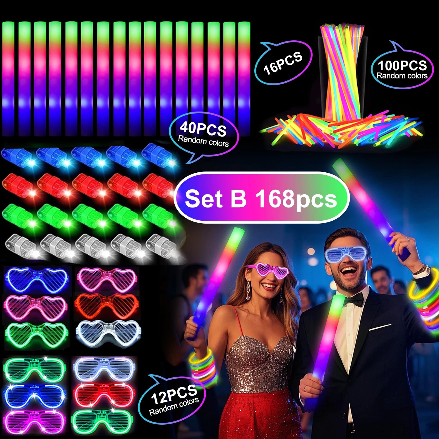 168pcs/Set Glow Party Kit, Including 12 LED Glasses, 16 Foam Glow Sticks, 40 Finger Lights, 100 Glow Sticks, Suitable for Wedding