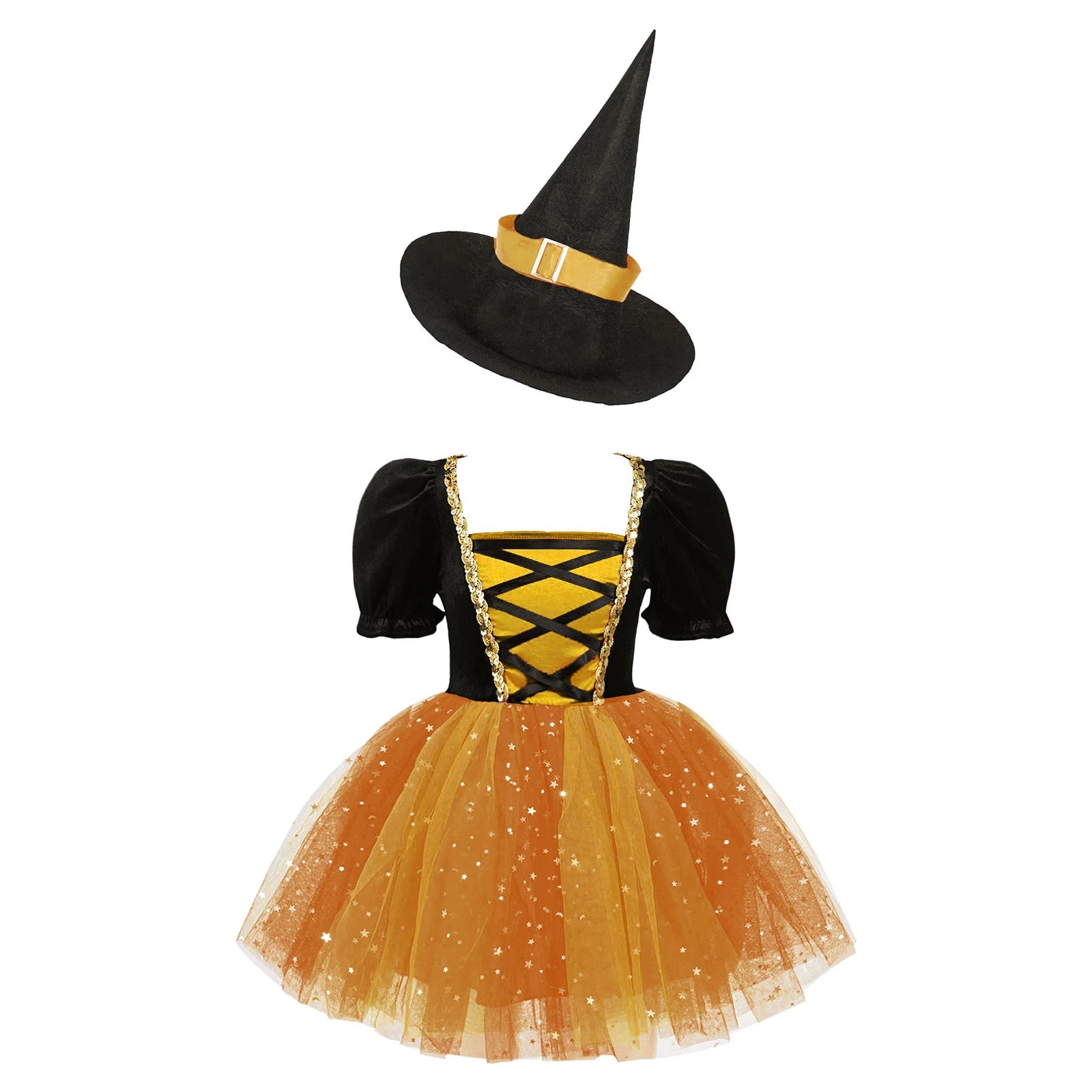 Kids Girls Witch Costume Halloween Cosplay Dress Glittery Mesh Tutu Dress with Pointed Hat for Dress Up - product image 8