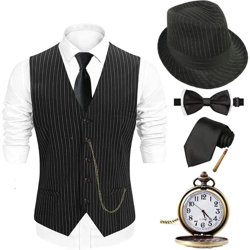 1920s Mens Costume ,Gatsby Gangster Vest,Vintage Pocket Watch,Pre Tied Bow Tie