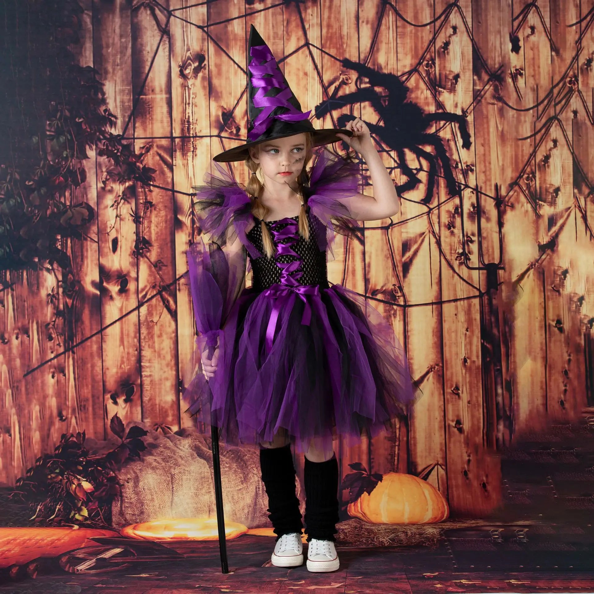 Kids' Witch for Girls Tutu Knee Dress Broom Pantyhose Outfit Girls dresses Hat - alternate view 5