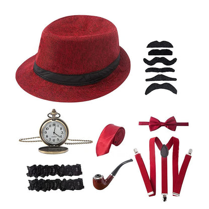 Halloween 1Set 1920's Costume Hat Pocket Watch Neck Tie Moustache Bowtie Gatsby - B
