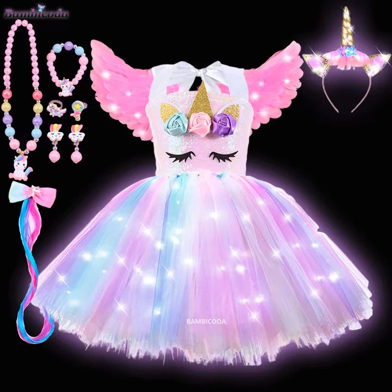 Girls Shiny Unicorn Tutu Led Lighting Dress Glowing Dresses Princess Dress Clothing