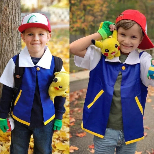 Halloween Costume Anime Ash Ketchum Trainer Blue Jacket Cap Gloves Sets Theme Outfits - Set / 110cm