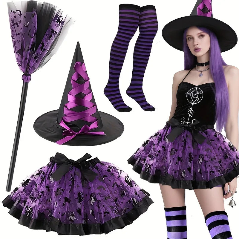 Halloween Party Witch Costume Set for Adults - Tulle Skirt + Witch Hat + Bat Accents, Purple Witch Outfit - product image 2