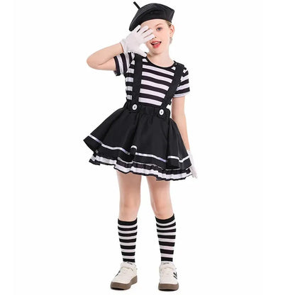 Mime Costume Clown Costume Girls Skirt T-shirt Hat Gloves Halloween Suit ﻿ - Hat Top Skirt gloves / M