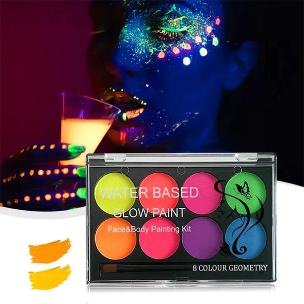 8 Colors Fluorescent Face Body Paint Water Activated Uv Glow Makeup Kit