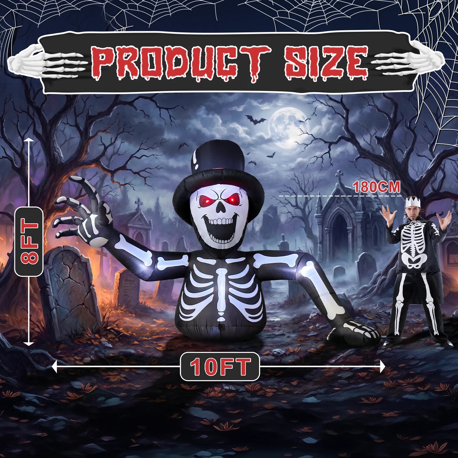 10FT Inflatable Halloween Skeleton Decoration Spooky Half-Body Skull Garden Outdoor Decor for Yard Festive - product image 3
