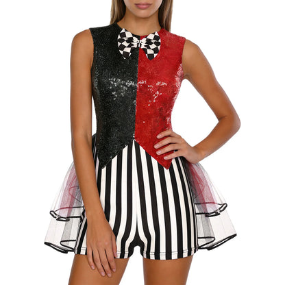 Women's Mad Circus Clown Costume Jumpsuit Sequin and Striped Checker Bowtie Tiered Tulle - Purple / 3XL