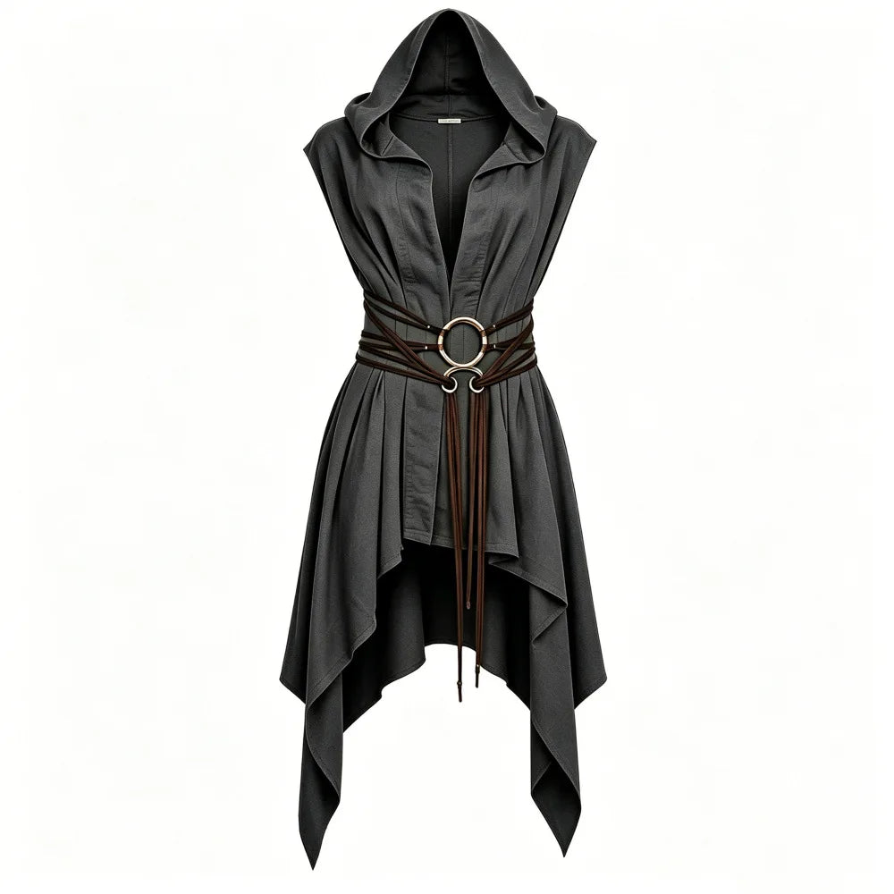 Women Irregular Hem Renaissance Elf Tunic Robe Medieval Ranger Hooded Sleeveless