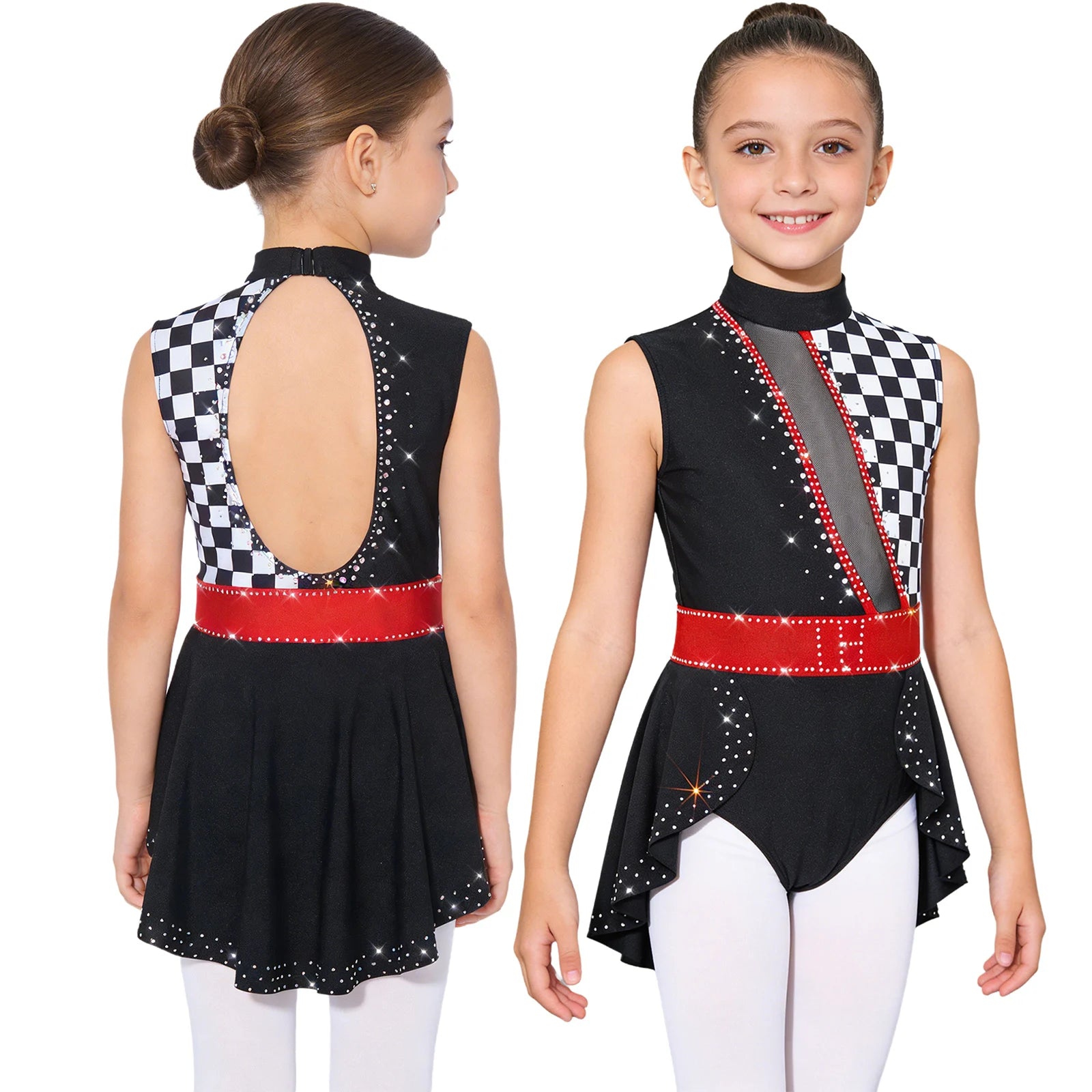 Girls Halloween Circus Clown Performance Costume Rhinestones Ballet Dance Gymnastics - Black / 14