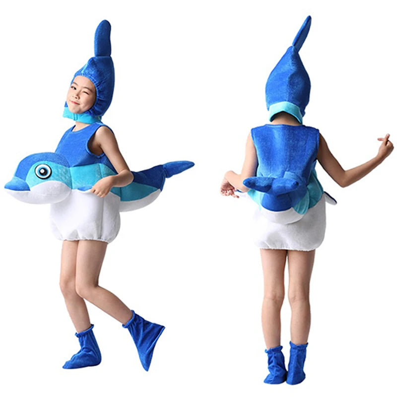 Unisex Children Halloween Family Dolphin Shark Whale Role Play Costume Marine Animal Bodysuit Headdress Shoes Performance Outfit