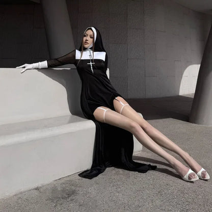 Halloween Anime Costume Sexy Nun Dress Women Fancy Gothic Robe Black Uniform Adult Themed - suit C / L