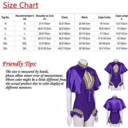 2Pcs Women Showman Costume Halloween Outfit Shiny Satin Cape Top+Sleeveless High Cut - Purple / S