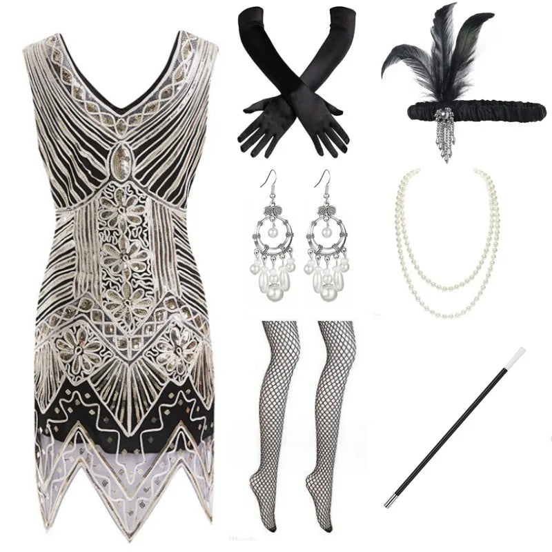 1920s Flapper Dress Women Sexy Beaded Fringe Gown Vintage Sequin Net Costume Gatsby Party Holiday Outfit Jazz Girl Ball Dress Up
