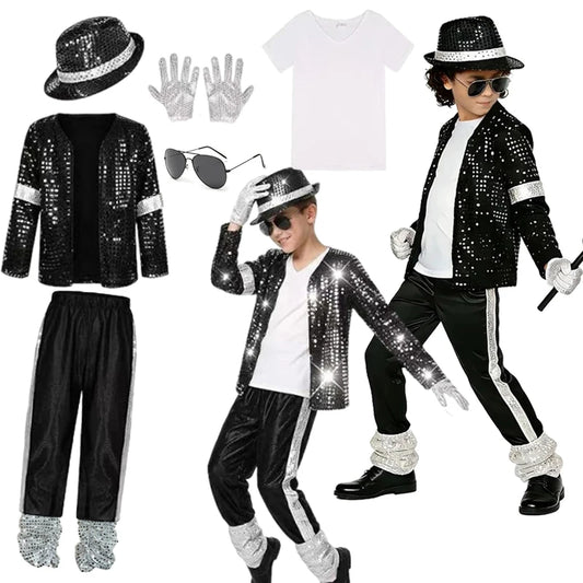 Kids Michael Jackson Costume Boys Superstar Singer Outfit Halloween Carnival Stage Performance Dance Cosplay Party Costume