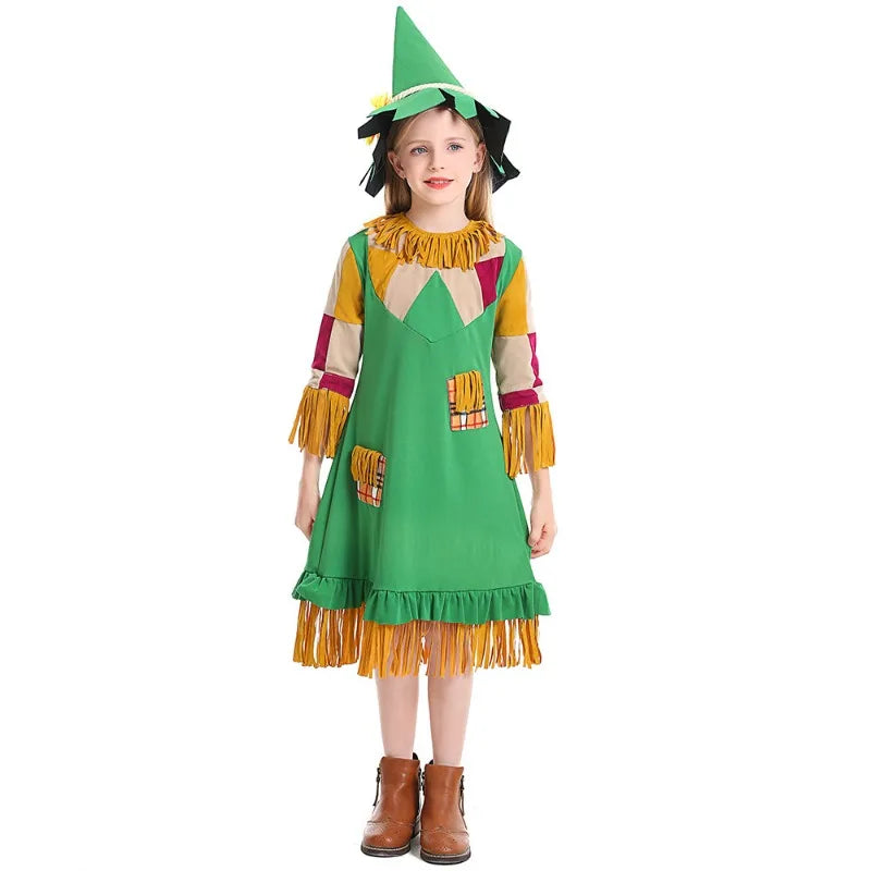 Halloween Girls Wizard Of Scarecrow Green Tassel Puppet Girl Dress Masquerade Witch Party Disguise Costume - product image 3