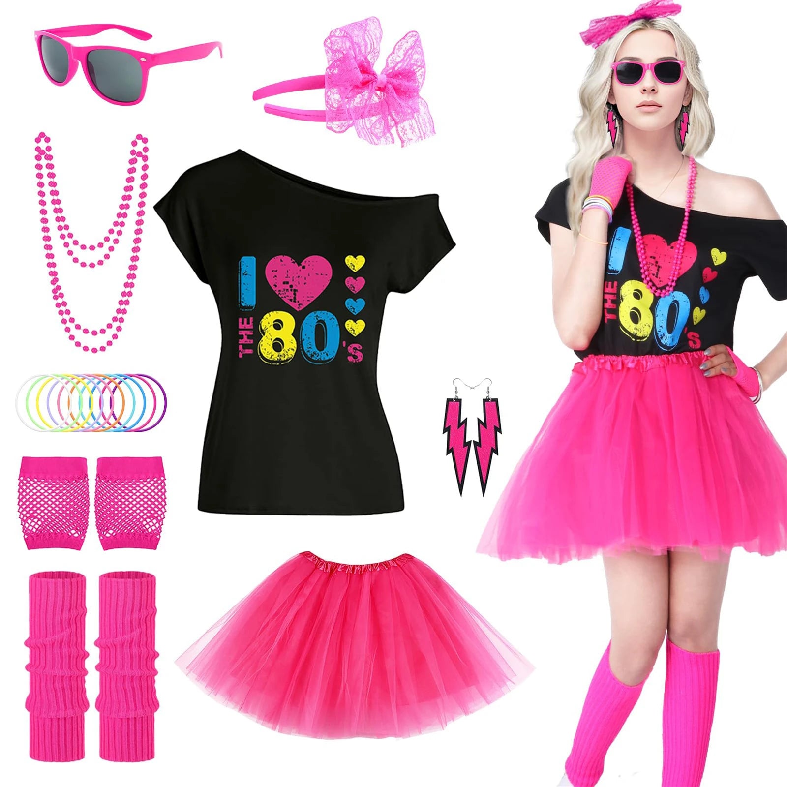 Women's 80s Costume Set Off-Shoulder T-Shirt Tutu Skirt Accessories Neon Outfit for Retro Parties Halloween - product image 4