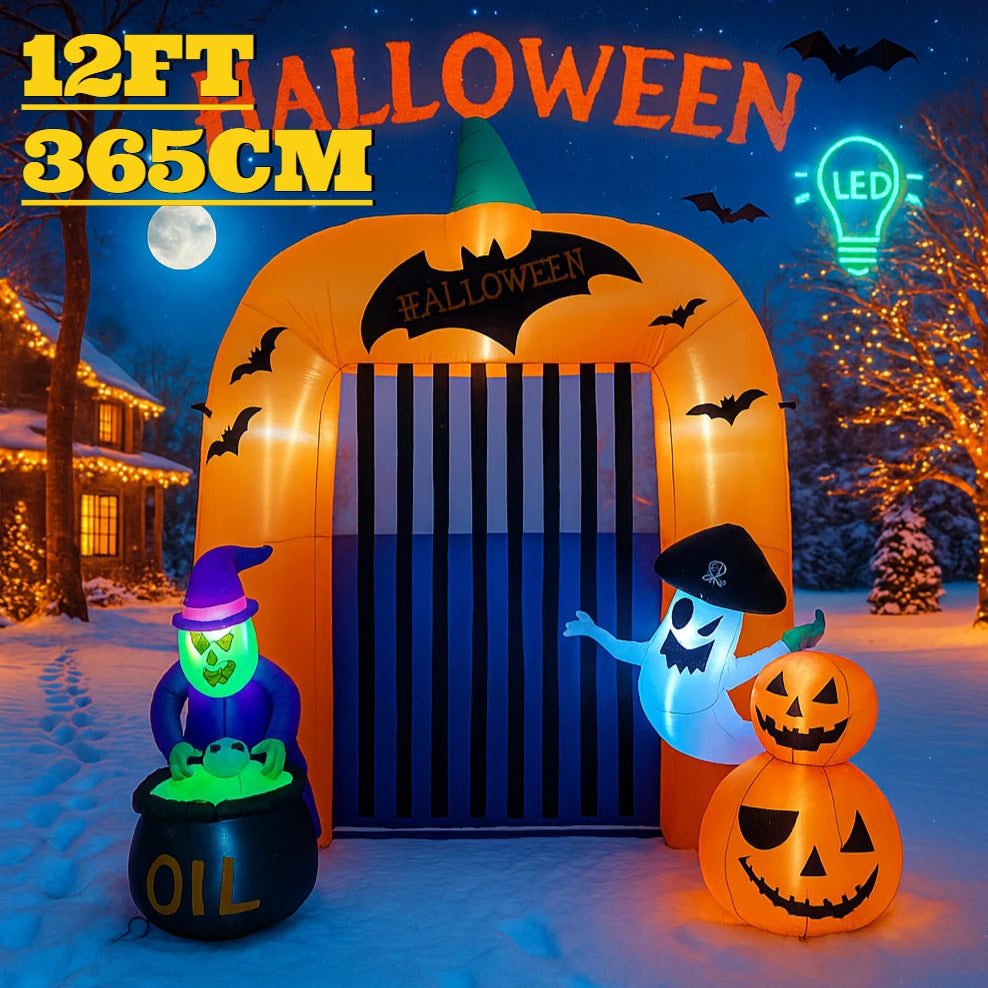 12FT Giant Halloween Inflatable Pumpkin Arch Ghost Toy Witch Decoration LED Lights Yard Lawn Decor Home Party Supplies Ornaments