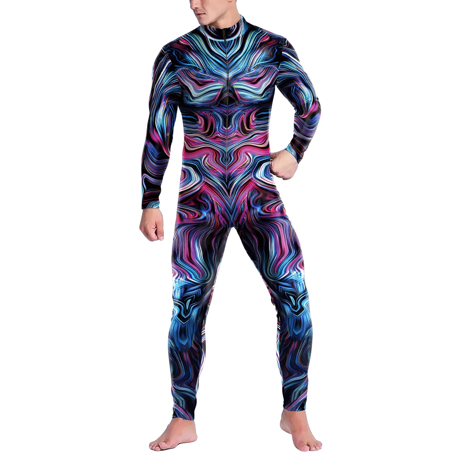 Men's Skeleton Dark Blood Skull Print Bodysuit Front Zipper Halloween Costume - black / M