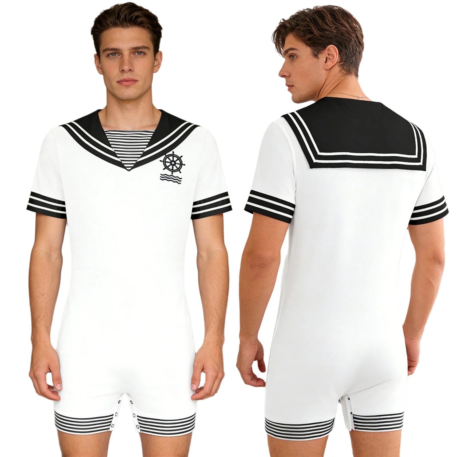 Men Navy Collar Rompers for Halloween Sailor Costume Short Sleeve Press Buttons Crotch - White / M